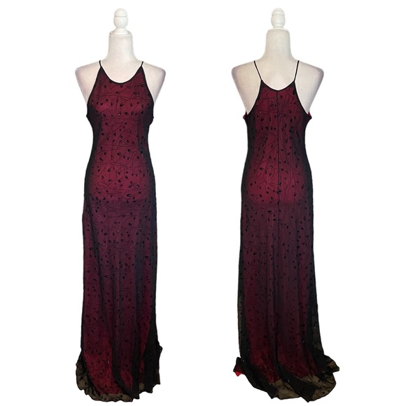 Vintage Chelsea Nites Red Black Floral Mesh Overlay Floor Length Formal Dress 14 - Picture 1 of 5